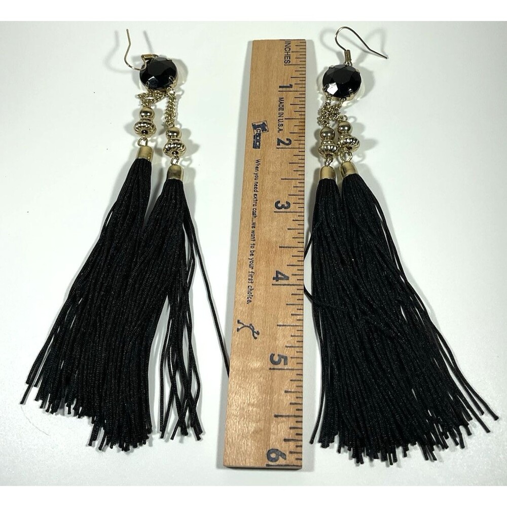Black Tassel Earrings & Necklace Set Black Faceted Beads Gold Tone Flapper Boho - Picture 5 of 10